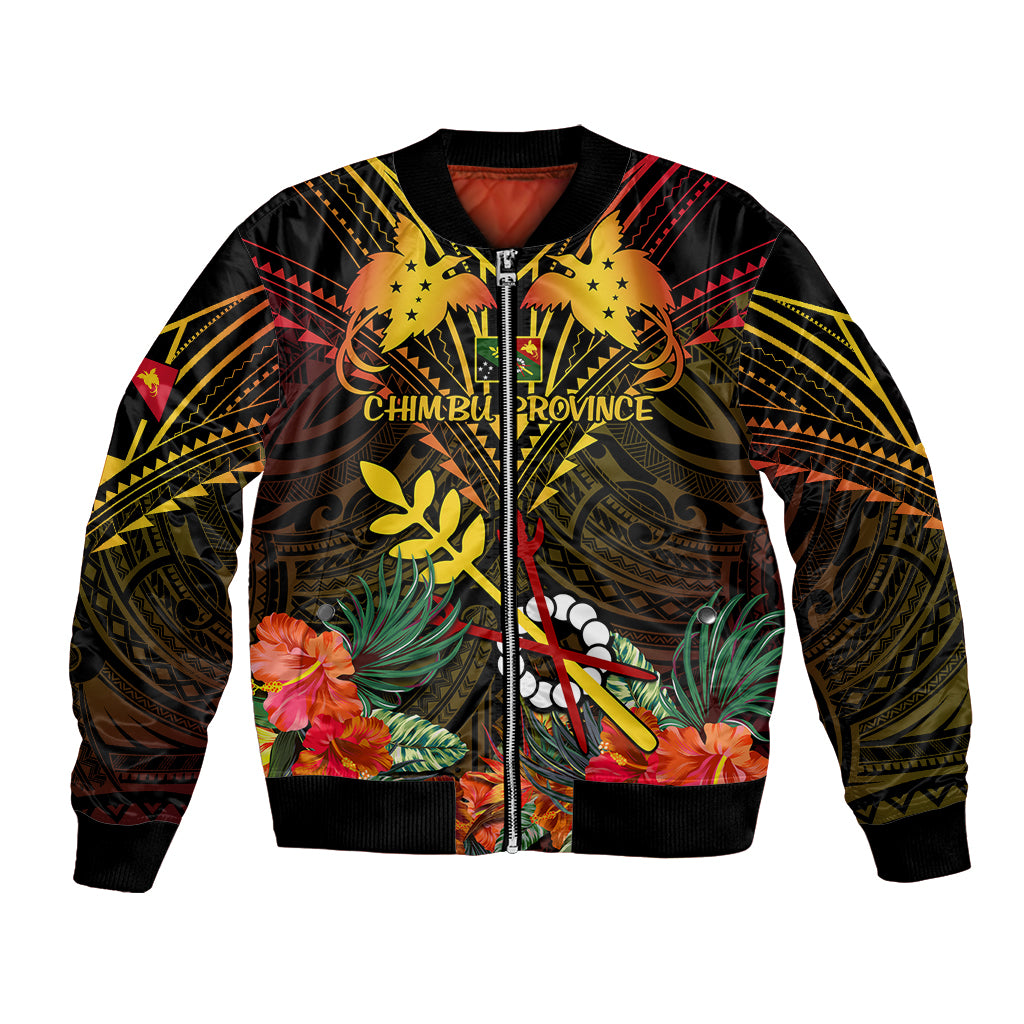 Papua New Guinea Chimbu Province Bomber Jacket Papua Niugini Coat Of Arms With Flag Style LT14 Unisex Black - Polynesian Pride