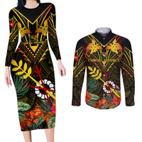 Papua New Guinea Chimbu Province Couples Matching Long Sleeve Bodycon Dress and Long Sleeve Button Shirts Papua Niugini Coat Of Arms With Flag Style LT14 Black - Polynesian Pride