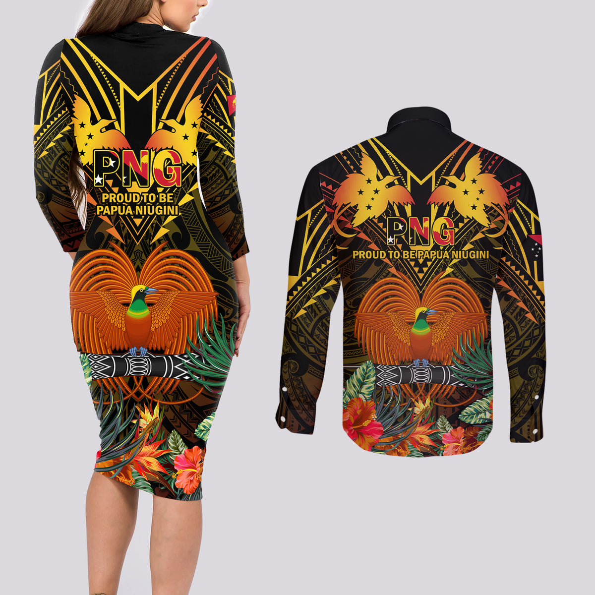 Papua New Guinea Chimbu Province Couples Matching Long Sleeve Bodycon Dress and Long Sleeve Button Shirts Papua Niugini Coat Of Arms With Flag Style LT14 - Polynesian Pride