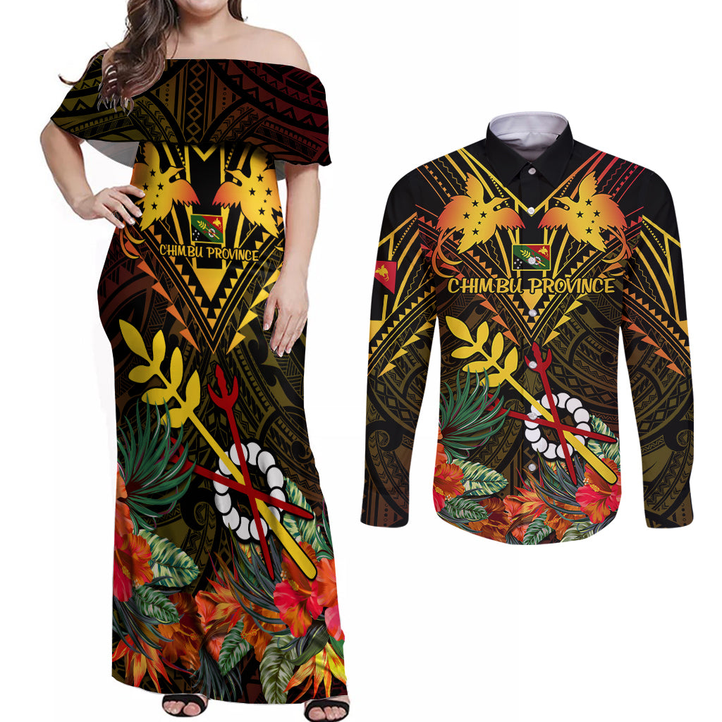 Papua New Guinea Chimbu Province Couples Matching Off Shoulder Maxi Dress and Long Sleeve Button Shirts Papua Niugini Coat Of Arms With Flag Style LT14 Black - Polynesian Pride
