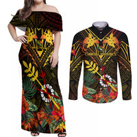 Papua New Guinea Chimbu Province Couples Matching Off Shoulder Maxi Dress and Long Sleeve Button Shirts Papua Niugini Coat Of Arms With Flag Style LT14 Black - Polynesian Pride
