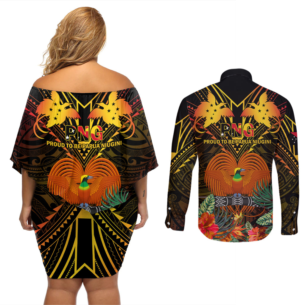 Papua New Guinea Chimbu Province Couples Matching Off Shoulder Short Dress and Long Sleeve Button Shirts Papua Niugini Coat Of Arms With Flag Style LT14 - Polynesian Pride