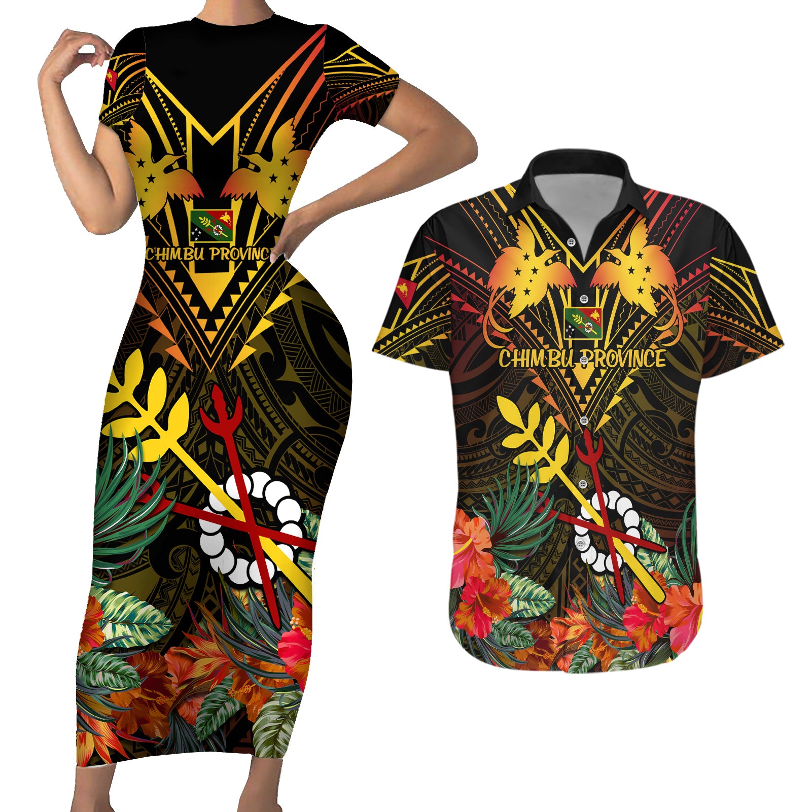 Papua New Guinea Chimbu Province Couples Matching Short Sleeve Bodycon Dress and Hawaiian Shirt Papua Niugini Coat Of Arms With Flag Style LT14 Black - Polynesian Pride