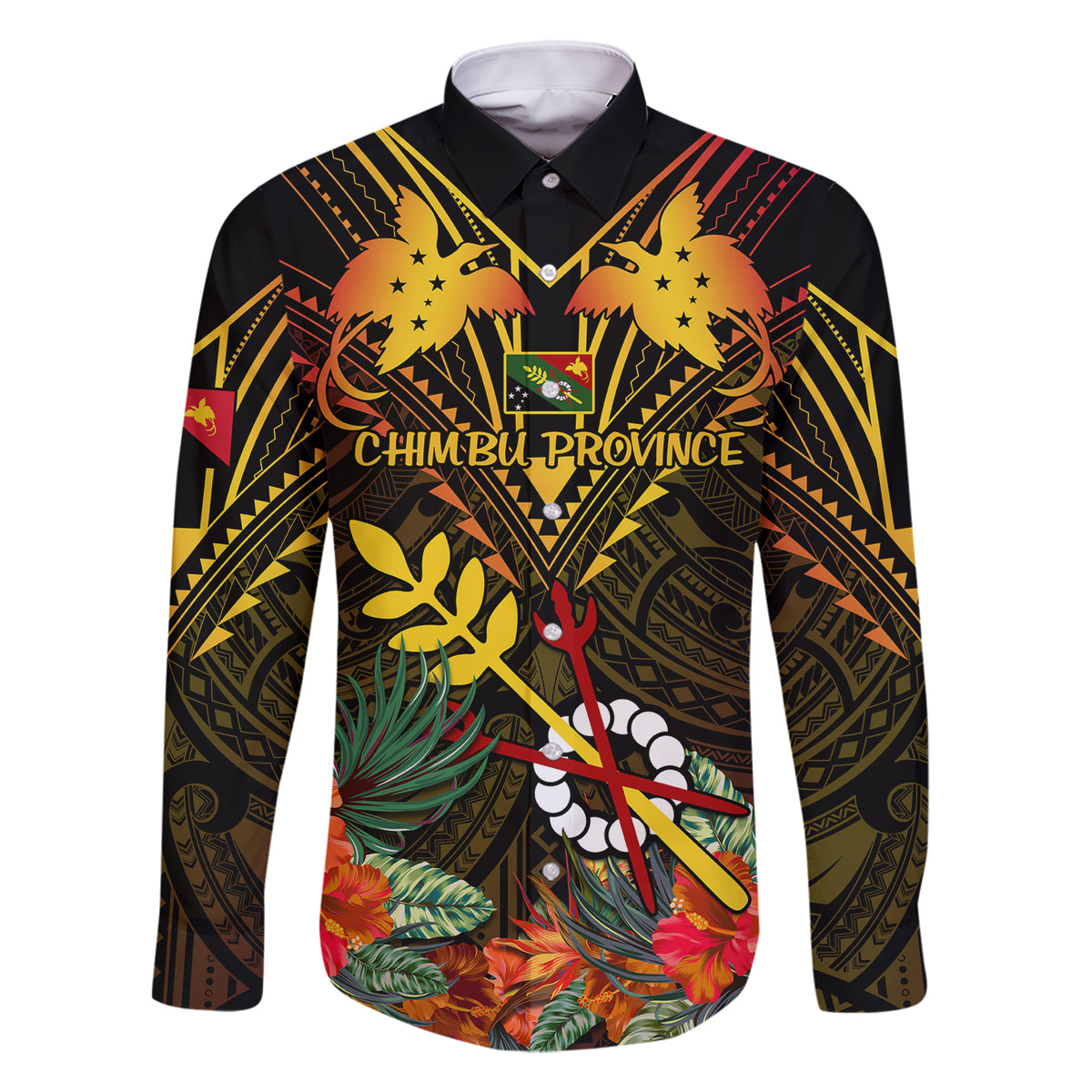 Papua New Guinea Chimbu Province Family Matching Short Sleeve Bodycon Dress and Hawaiian Shirt Papua Niugini Coat Of Arms With Flag Style LT14 Dad's Shirt - Long Sleeve Black - Polynesian Pride