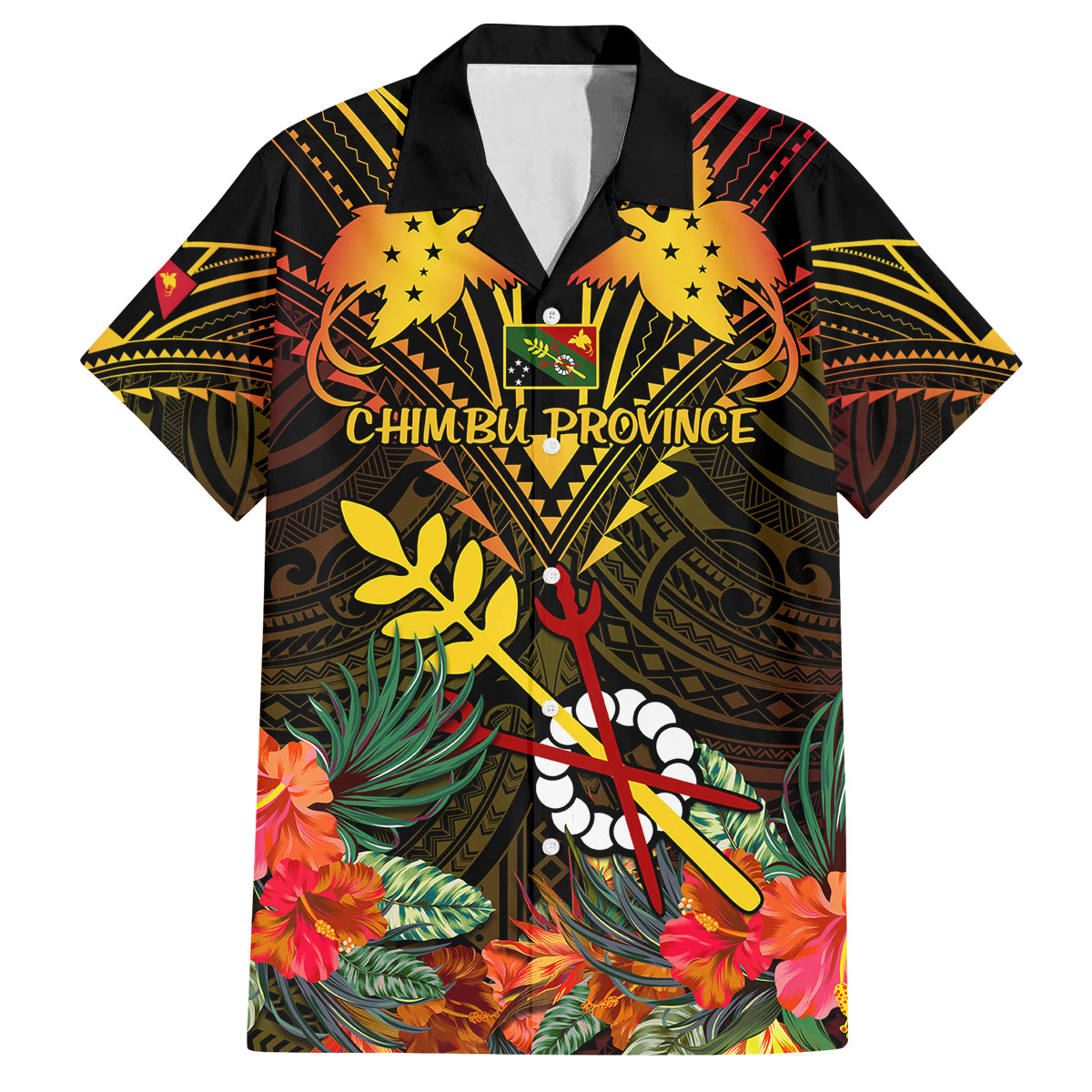 Papua New Guinea Chimbu Province Family Matching Summer Maxi Dress and Hawaiian Shirt Papua Niugini Coat Of Arms With Flag Style LT14 Dad's Shirt - Short Sleeve Black - Polynesian Pride