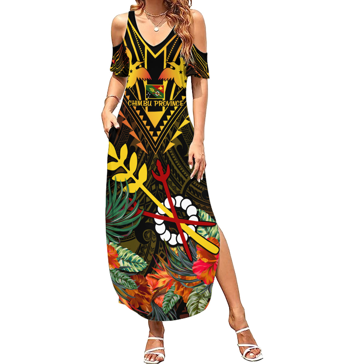 Papua New Guinea Chimbu Province Summer Maxi Dress Papua Niugini Coat Of Arms With Flag Style LT14 Women Black - Polynesian Pride