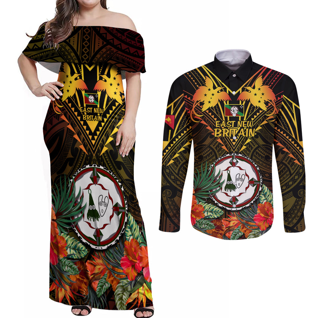 Papua New Guinea East New Britain Province Couples Matching Off Shoulder Maxi Dress and Long Sleeve Button Shirts Papua Niugini Coat Of Arms With Flag Style LT14 Black - Polynesian Pride