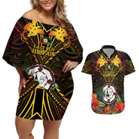 Papua New Guinea East New Britain Province Couples Matching Off Shoulder Short Dress and Hawaiian Shirt Papua Niugini Coat Of Arms With Flag Style LT14 Black - Polynesian Pride