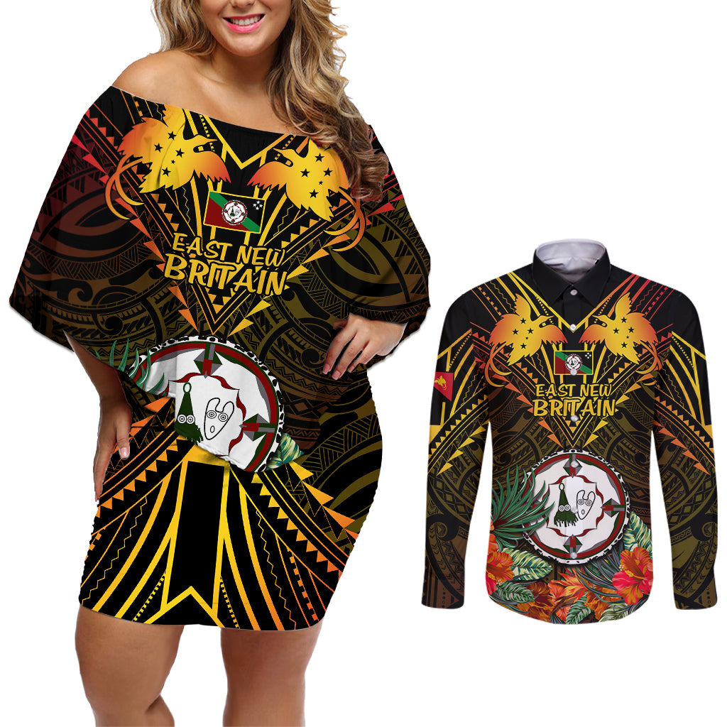 Papua New Guinea East New Britain Province Couples Matching Off Shoulder Short Dress and Long Sleeve Button Shirts Papua Niugini Coat Of Arms With Flag Style LT14 Black - Polynesian Pride