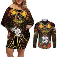 Papua New Guinea East New Britain Province Couples Matching Off Shoulder Short Dress and Long Sleeve Button Shirts Papua Niugini Coat Of Arms With Flag Style LT14 Black - Polynesian Pride
