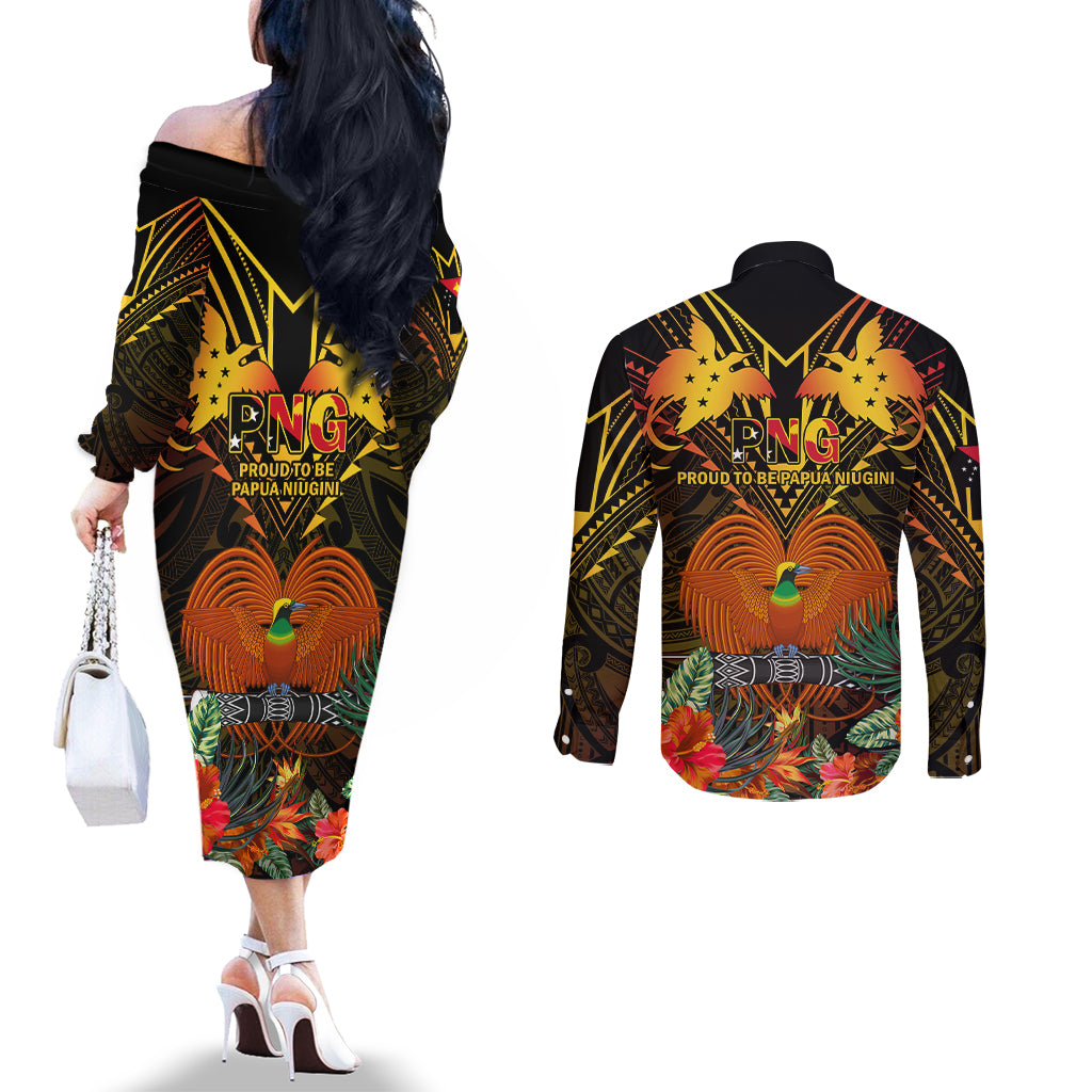 Papua New Guinea East New Britain Province Couples Matching Off The Shoulder Long Sleeve Dress and Long Sleeve Button Shirts Papua Niugini Coat Of Arms With Flag Style LT14 - Polynesian Pride