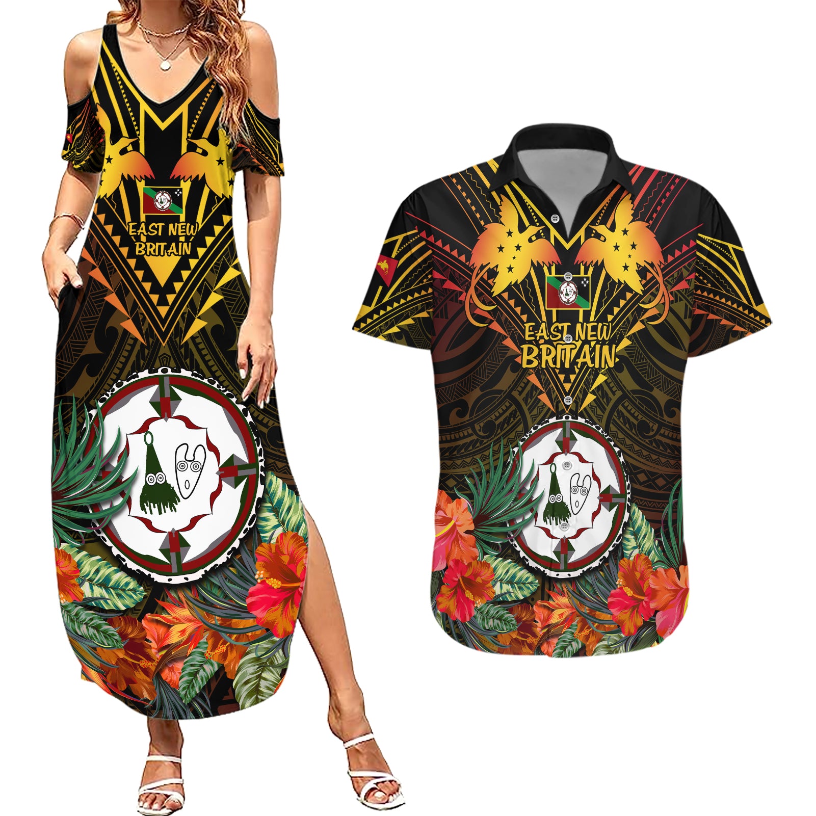 Papua New Guinea East New Britain Province Couples Matching Summer Maxi Dress and Hawaiian Shirt Papua Niugini Coat Of Arms With Flag Style LT14 Black - Polynesian Pride