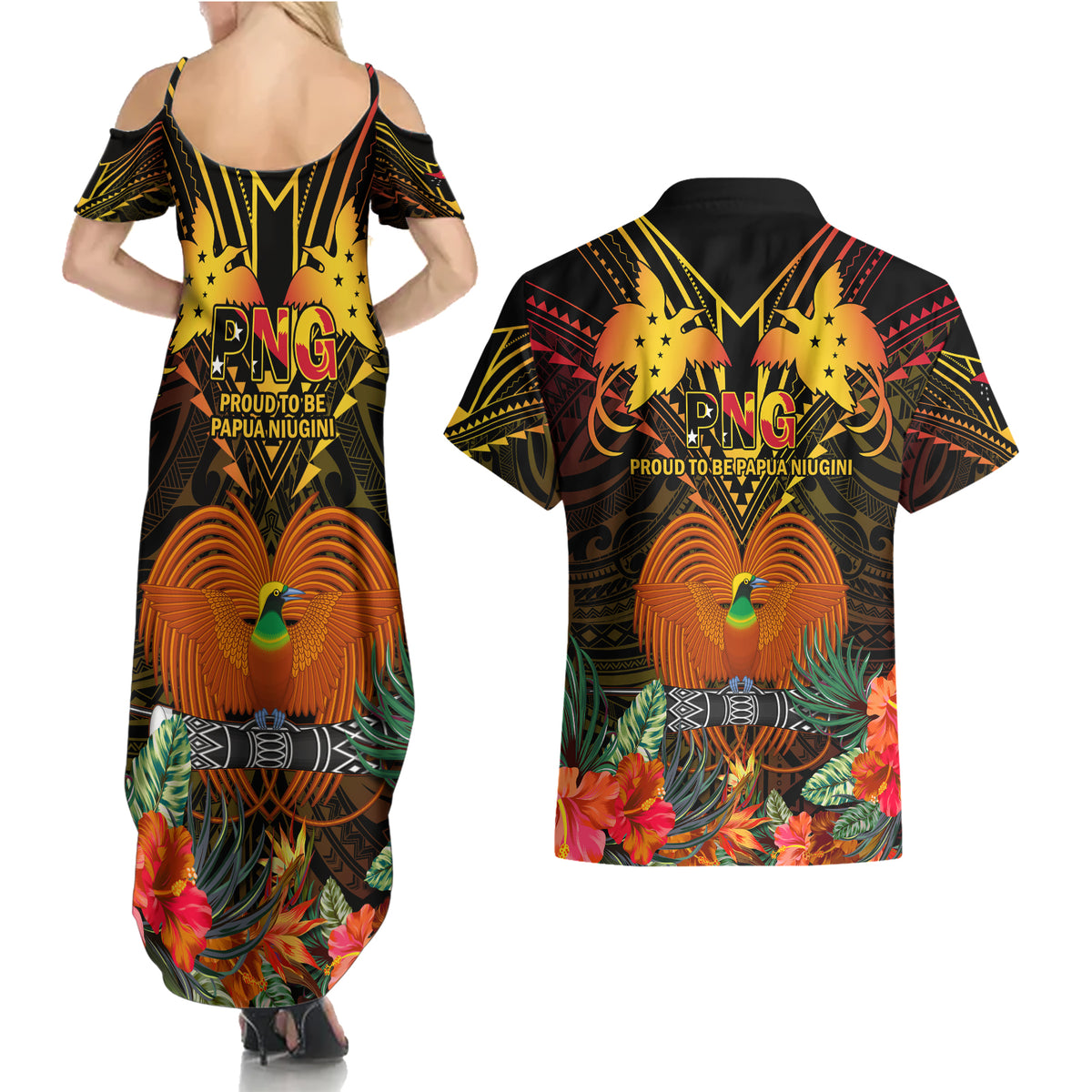 Papua New Guinea East New Britain Province Couples Matching Summer Maxi Dress and Hawaiian Shirt Papua Niugini Coat Of Arms With Flag Style LT14 - Polynesian Pride