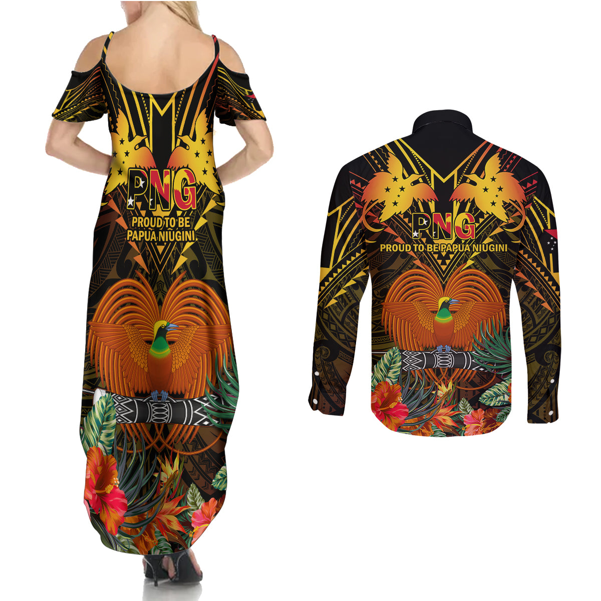 Papua New Guinea East New Britain Province Couples Matching Summer Maxi Dress and Long Sleeve Button Shirts Papua Niugini Coat Of Arms With Flag Style LT14 - Polynesian Pride
