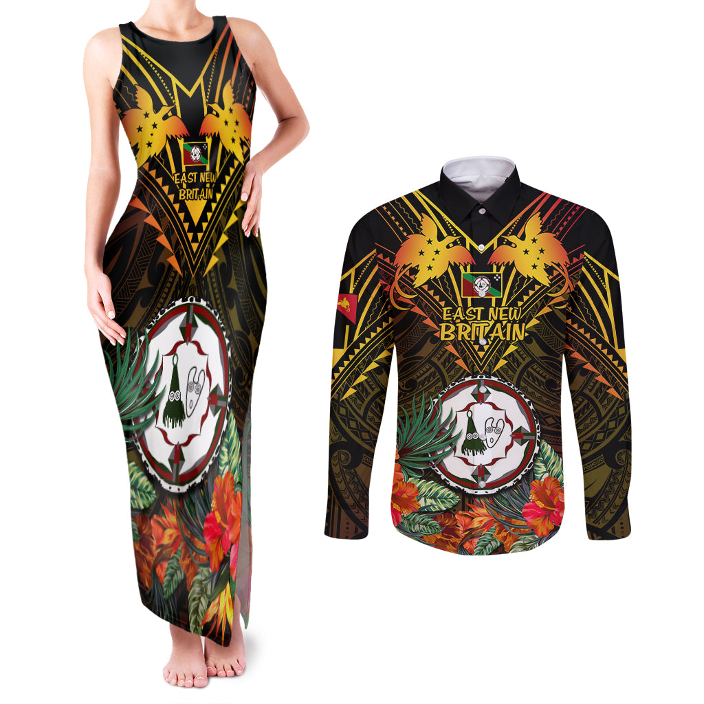 Papua New Guinea East New Britain Province Couples Matching Tank Maxi Dress and Long Sleeve Button Shirts Papua Niugini Coat Of Arms With Flag Style LT14 Black - Polynesian Pride