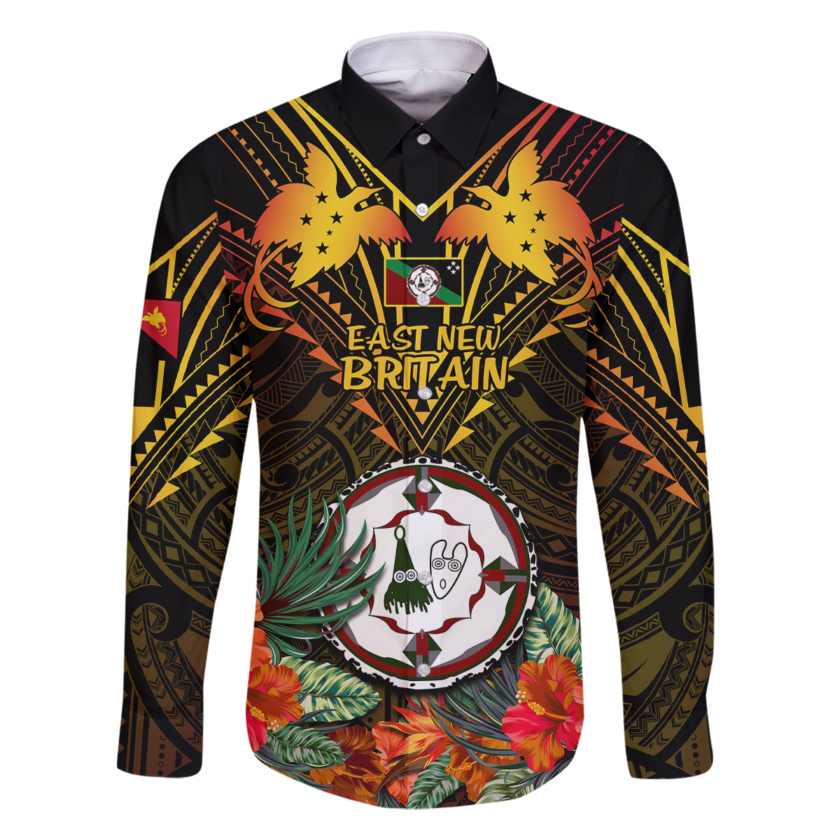 Papua New Guinea East New Britain Province Family Matching Long Sleeve Bodycon Dress and Hawaiian Shirt Papua Niugini Coat Of Arms With Flag Style LT14 Dad's Shirt - Long Sleeve Black - Polynesian Pride