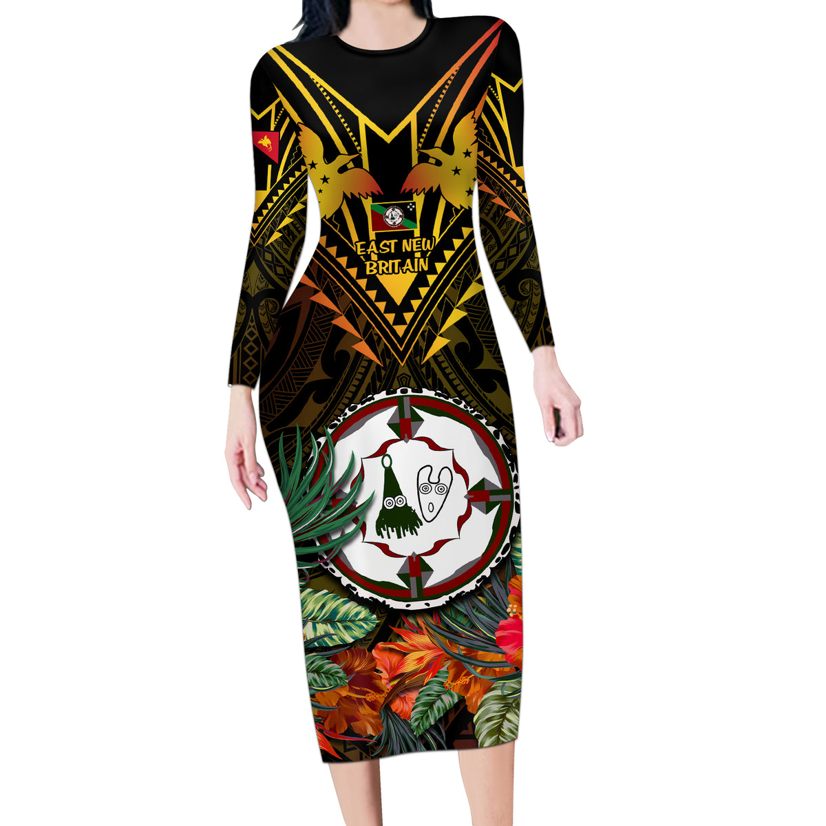 Papua New Guinea East New Britain Province Long Sleeve Bodycon Dress Papua Niugini Coat Of Arms With Flag Style LT14 Long Dress Black - Polynesian Pride