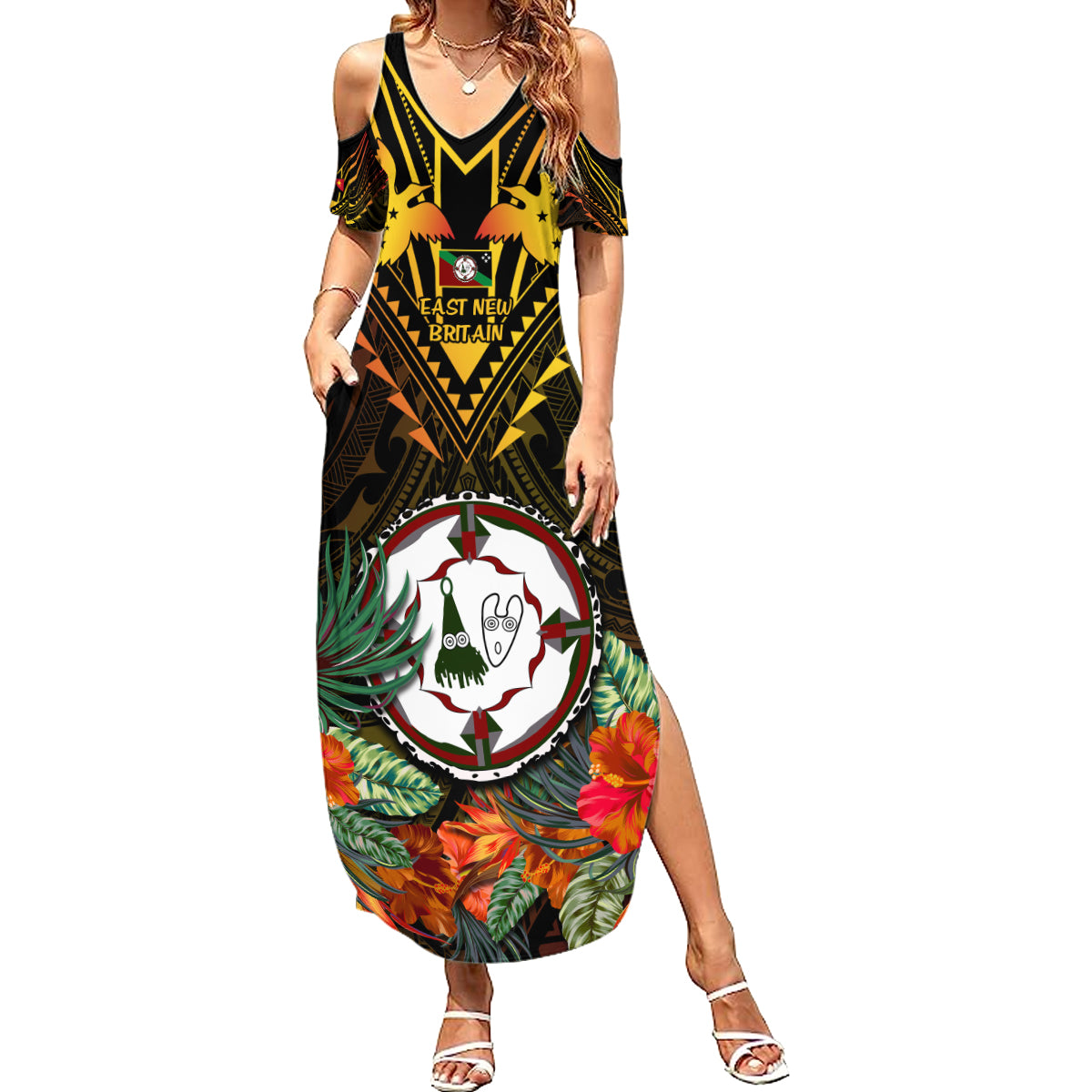 Papua New Guinea East New Britain Province Summer Maxi Dress Papua Niugini Coat Of Arms With Flag Style LT14 Women Black - Polynesian Pride