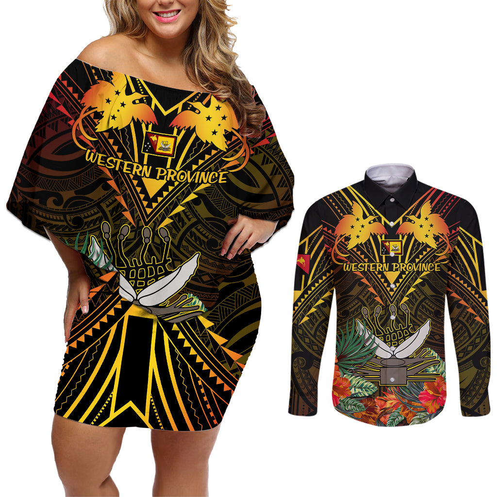Papua New Guinea Western Province Couples Matching Off Shoulder Short Dress and Long Sleeve Button Shirts Papua Niugini Coat Of Arms With Flag Style LT14 Black - Polynesian Pride