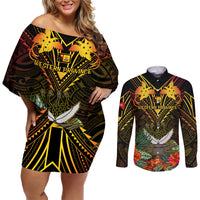 Papua New Guinea Western Province Couples Matching Off Shoulder Short Dress and Long Sleeve Button Shirts Papua Niugini Coat Of Arms With Flag Style LT14 Black - Polynesian Pride