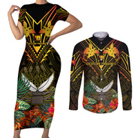 Papua New Guinea Western Province Couples Matching Short Sleeve Bodycon Dress and Long Sleeve Button Shirts Papua Niugini Coat Of Arms With Flag Style LT14 Black - Polynesian Pride