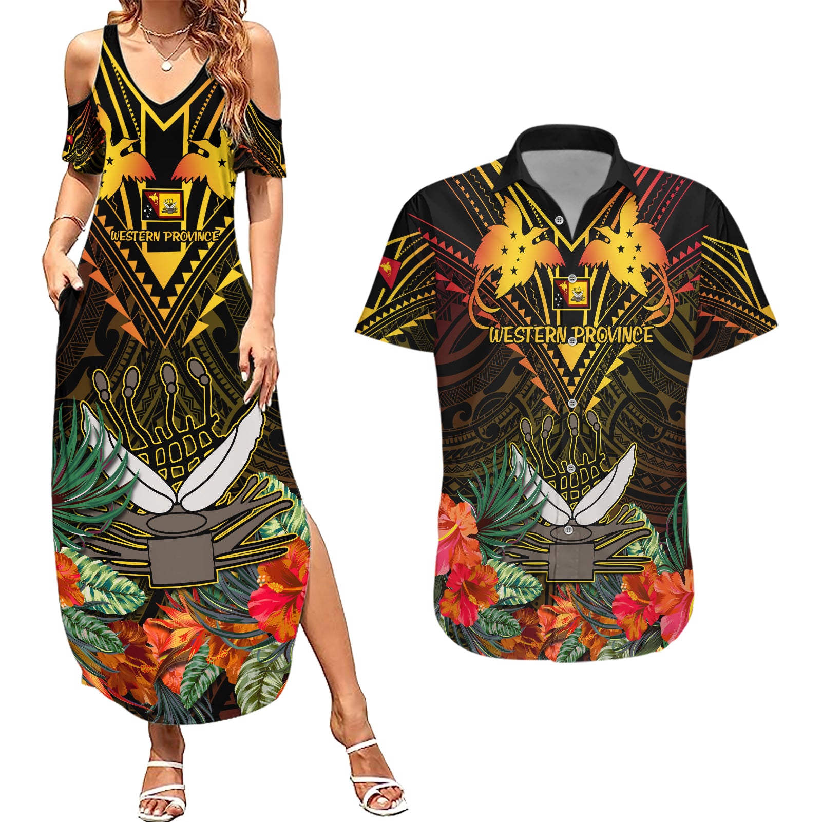 Papua New Guinea Western Province Couples Matching Summer Maxi Dress and Hawaiian Shirt Papua Niugini Coat Of Arms With Flag Style LT14 Black - Polynesian Pride