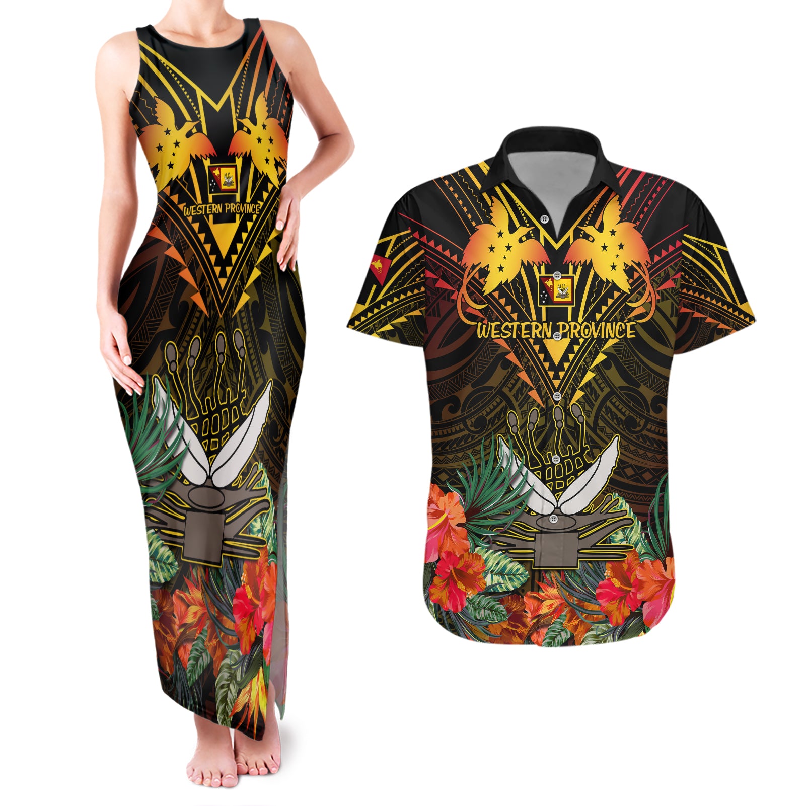 Papua New Guinea Western Province Couples Matching Tank Maxi Dress and Hawaiian Shirt Papua Niugini Coat Of Arms With Flag Style LT14 Black - Polynesian Pride