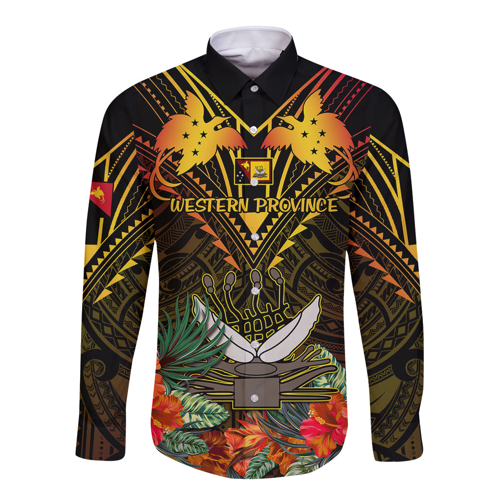 Papua New Guinea Western Province Long Sleeve Button Shirt Papua Niugini Coat Of Arms With Flag Style LT14 Unisex Black - Polynesian Pride
