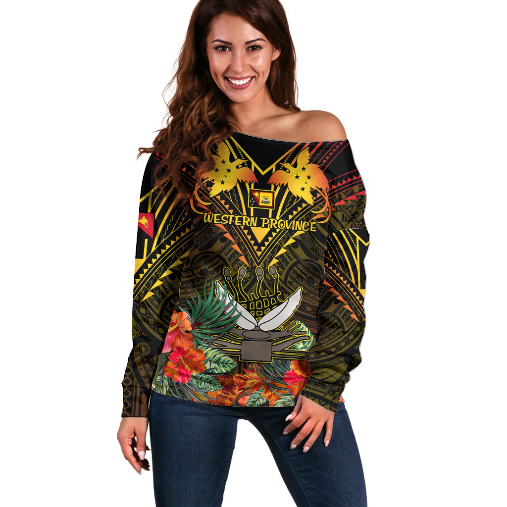 Papua New Guinea Western Province Off Shoulder Sweater Papua Niugini Coat Of Arms With Flag Style LT14 Women Black - Polynesian Pride