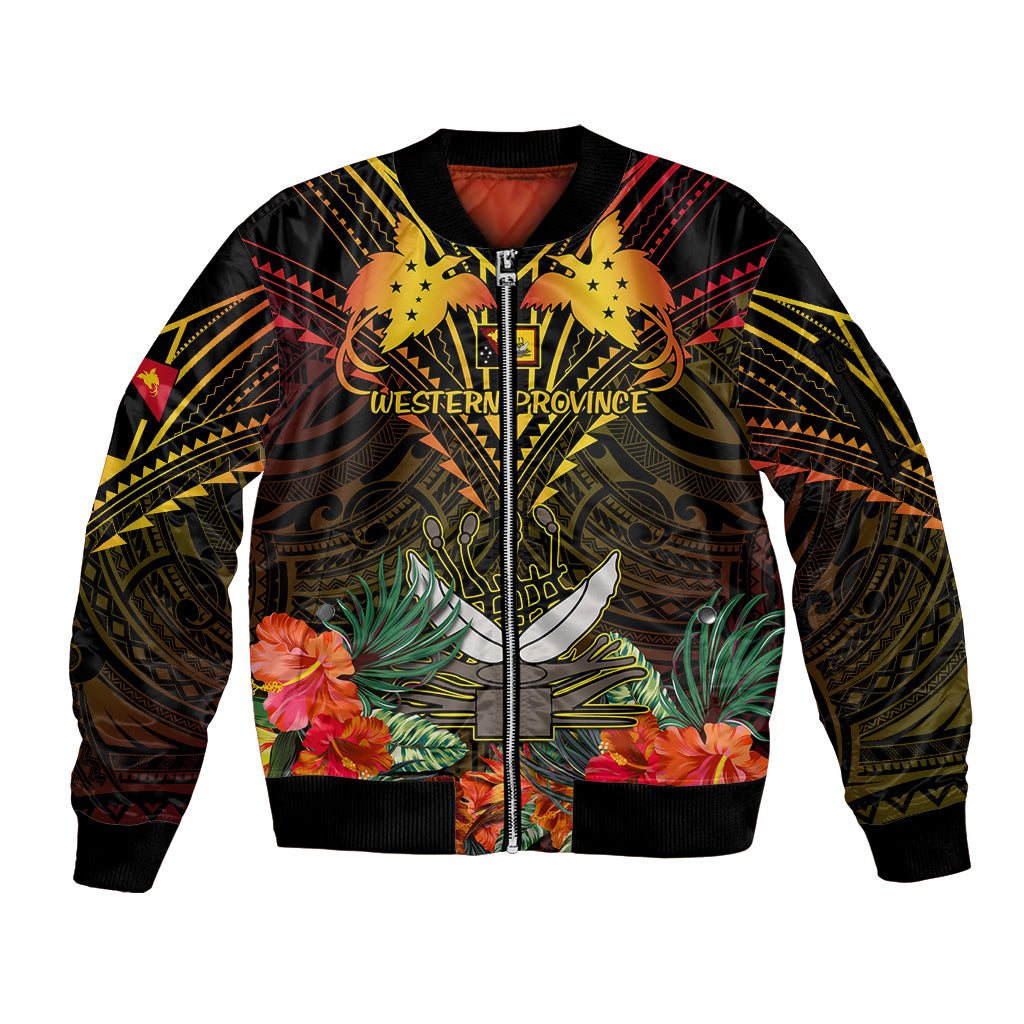 Papua New Guinea Western Province Sleeve Zip Bomber Jacket Papua Niugini Coat Of Arms With Flag Style LT14 Unisex Black - Polynesian Pride