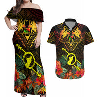 Papua New Guinea Southern Highlands Province Couples Matching Off Shoulder Maxi Dress and Hawaiian Shirt Papua Niugini Coat Of Arms With Flag Style LT14 Black - Polynesian Pride