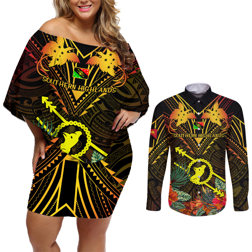 Papua New Guinea Southern Highlands Province Couples Matching Off Shoulder Short Dress and Long Sleeve Button Shirts Papua Niugini Coat Of Arms With Flag Style LT14 Black - Polynesian Pride