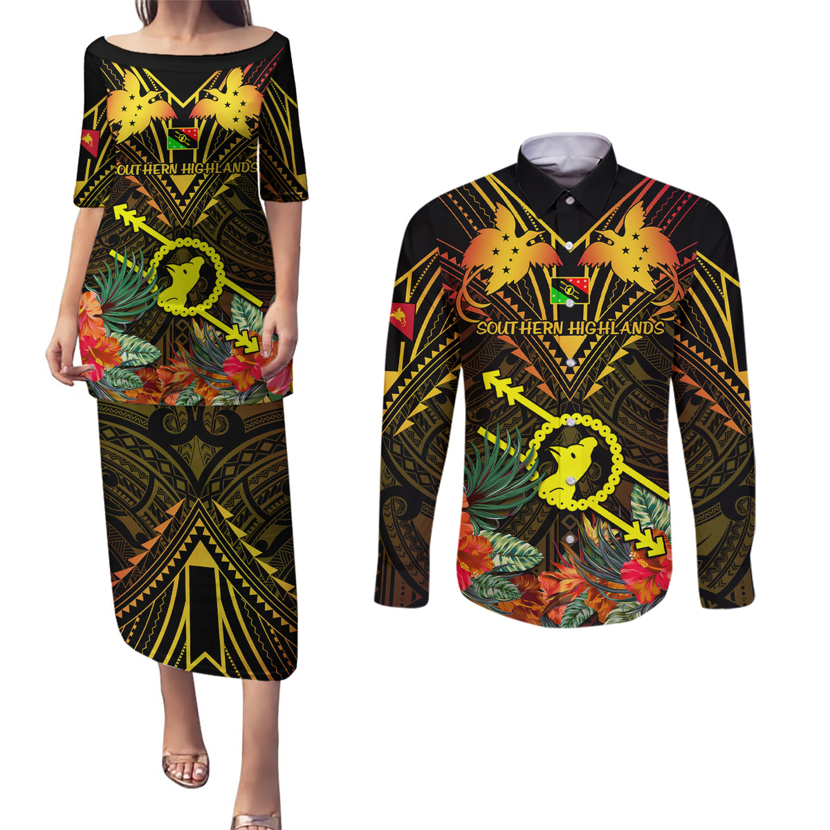 Papua New Guinea Southern Highlands Province Couples Matching Puletasi Dress and Long Sleeve Button Shirts Papua Niugini Coat Of Arms With Flag Style LT14 Black - Polynesian Pride