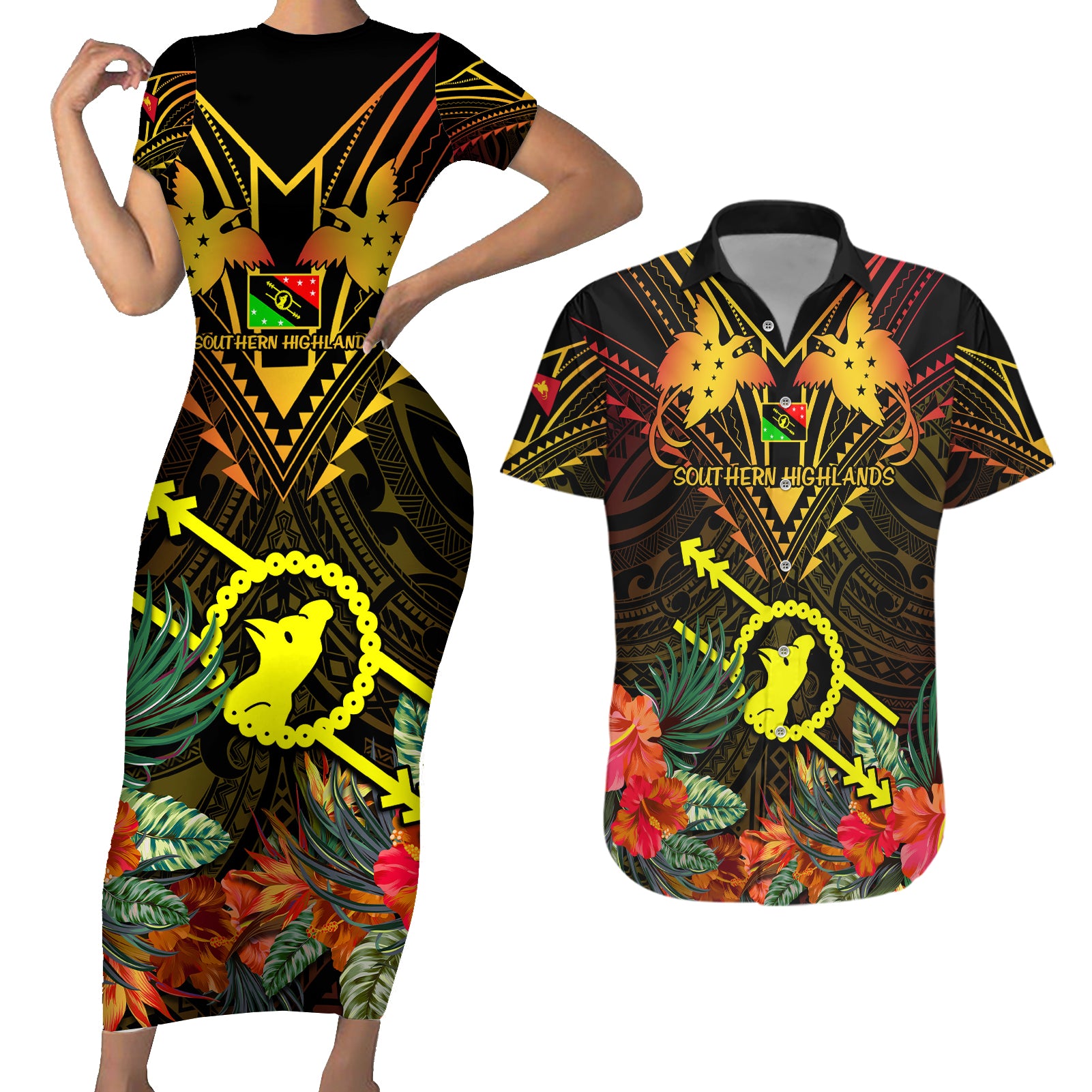 Papua New Guinea Southern Highlands Province Couples Matching Short Sleeve Bodycon Dress and Hawaiian Shirt Papua Niugini Coat Of Arms With Flag Style LT14 Black - Polynesian Pride