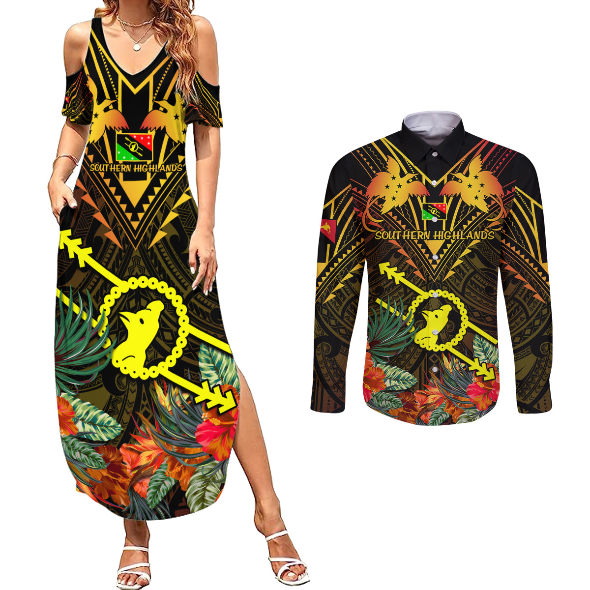 Papua New Guinea Southern Highlands Province Couples Matching Summer Maxi Dress and Long Sleeve Button Shirts Papua Niugini Coat Of Arms With Flag Style LT14 Black - Polynesian Pride