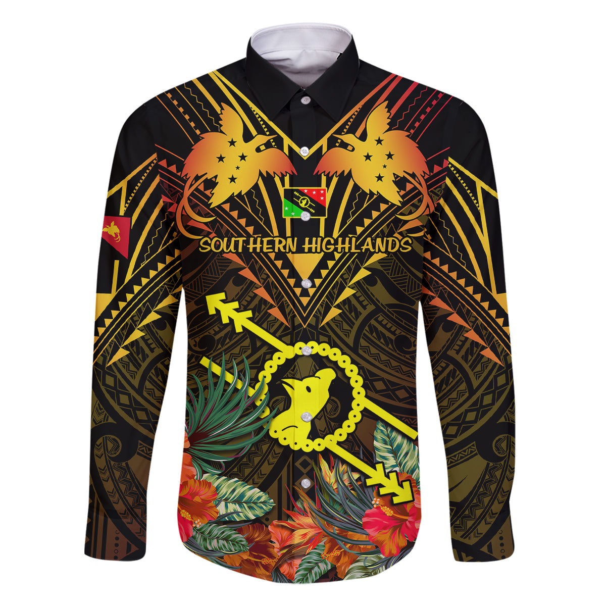 Papua New Guinea Southern Highlands Province Family Matching Mermaid Dress and Hawaiian Shirt Papua Niugini Coat Of Arms With Flag Style LT14 Dad's Shirt - Long Sleeve Black - Polynesian Pride