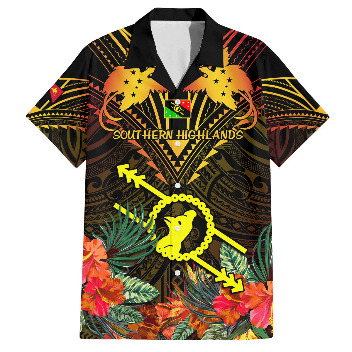 Papua New Guinea Southern Highlands Province Family Matching Off Shoulder Short Dress and Hawaiian Shirt Papua Niugini Coat Of Arms With Flag Style LT14 Dad's Shirt - Short Sleeve Black - Polynesian Pride
