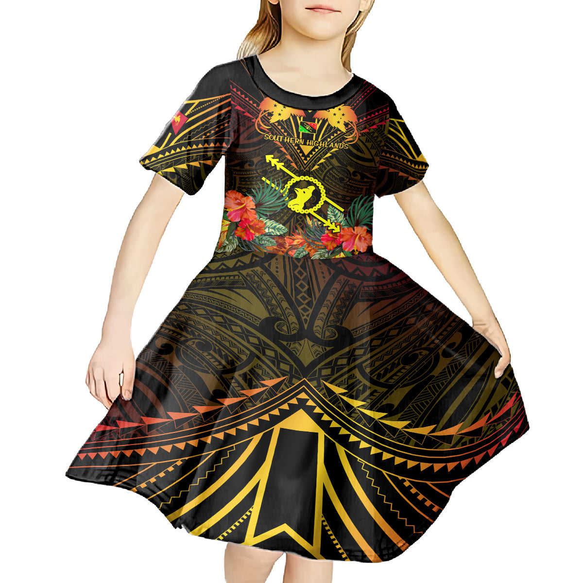 Papua New Guinea Southern Highlands Province Kid Short Sleeve Dress Papua Niugini Coat Of Arms With Flag Style LT14 - Polynesian Pride