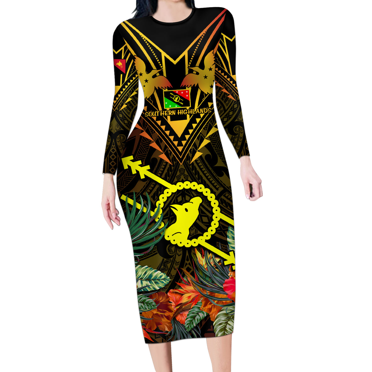 Papua New Guinea Southern Highlands Province Long Sleeve Bodycon Dress Papua Niugini Coat Of Arms With Flag Style LT14 Long Dress Black - Polynesian Pride