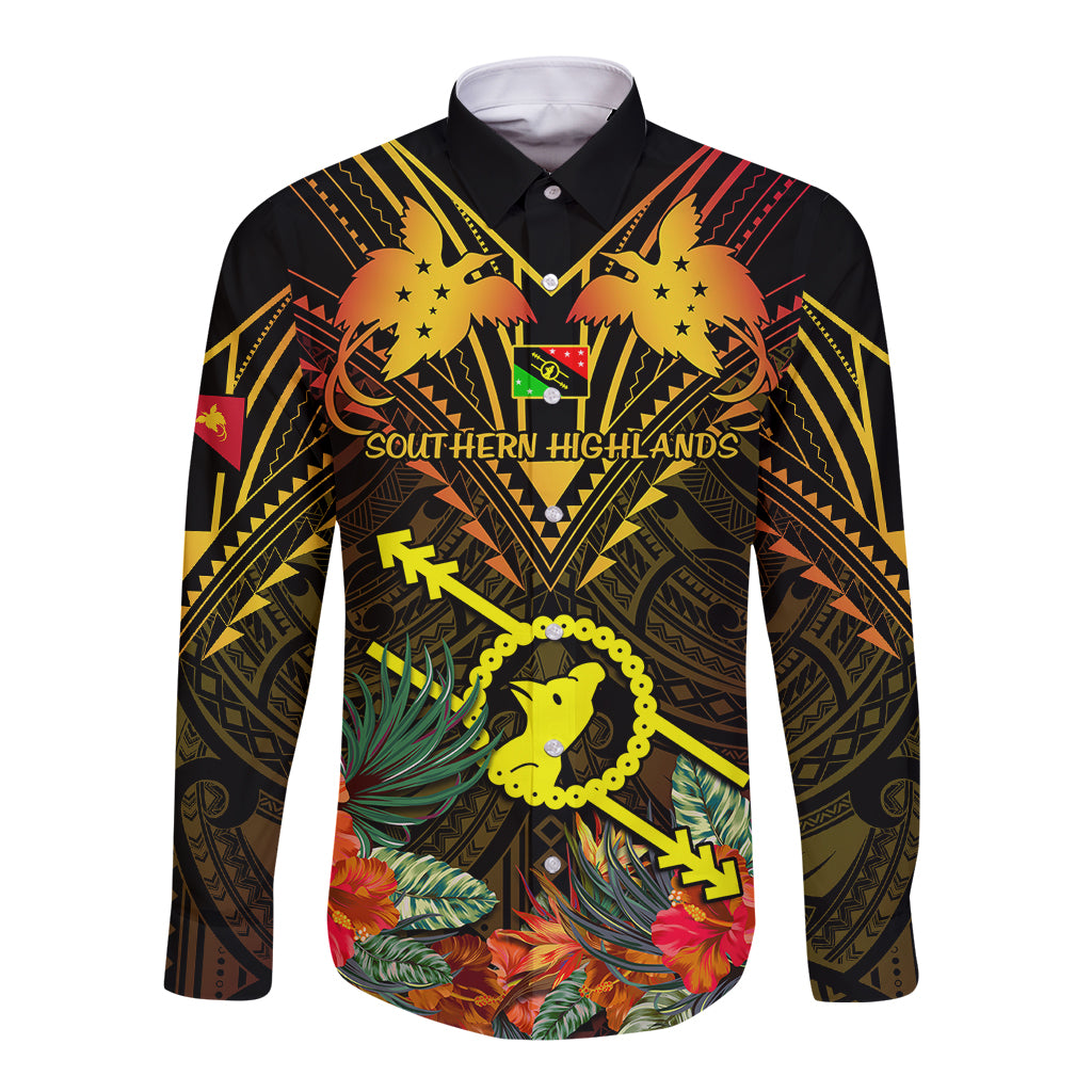 Papua New Guinea Southern Highlands Province Long Sleeve Button Shirt Papua Niugini Coat Of Arms With Flag Style LT14 Unisex Black - Polynesian Pride