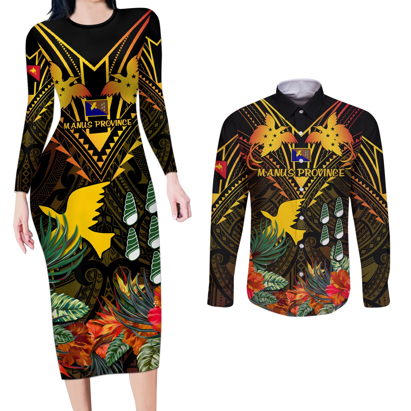 papua-new-guinea-manus-province-couples-matching-long-sleeve-bodycon-dress-and-long-sleeve-button-shirts-papua-niugini-coat-of-arms-with-flag-style