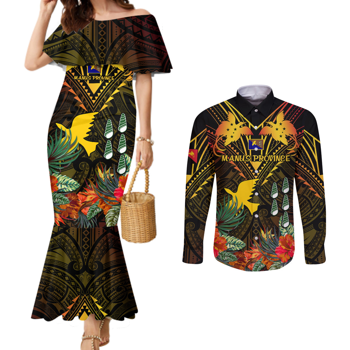 papua-new-guinea-manus-province-couples-matching-mermaid-dress-and-long-sleeve-button-shirts-papua-niugini-coat-of-arms-with-flag-style