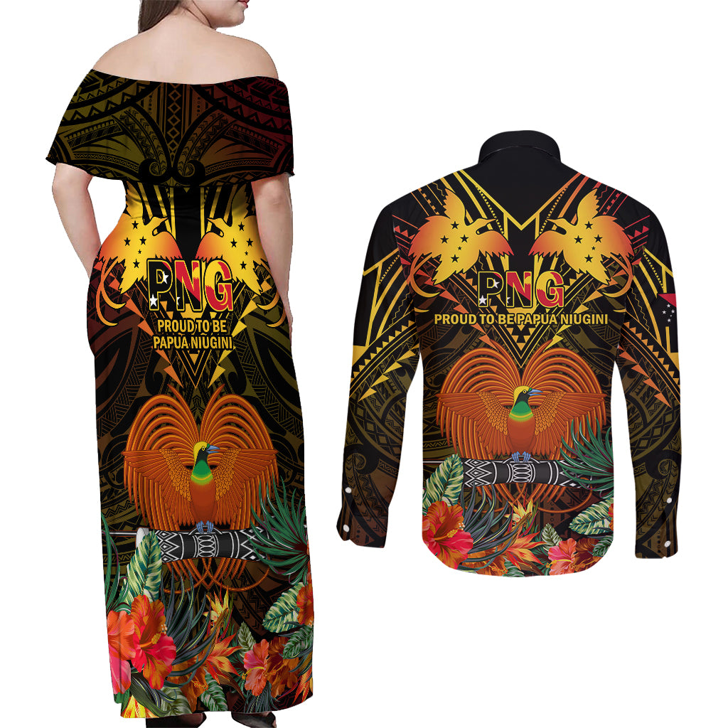 papua-new-guinea-manus-province-couples-matching-off-shoulder-maxi-dress-and-long-sleeve-button-shirts-papua-niugini-coat-of-arms-with-flag-style