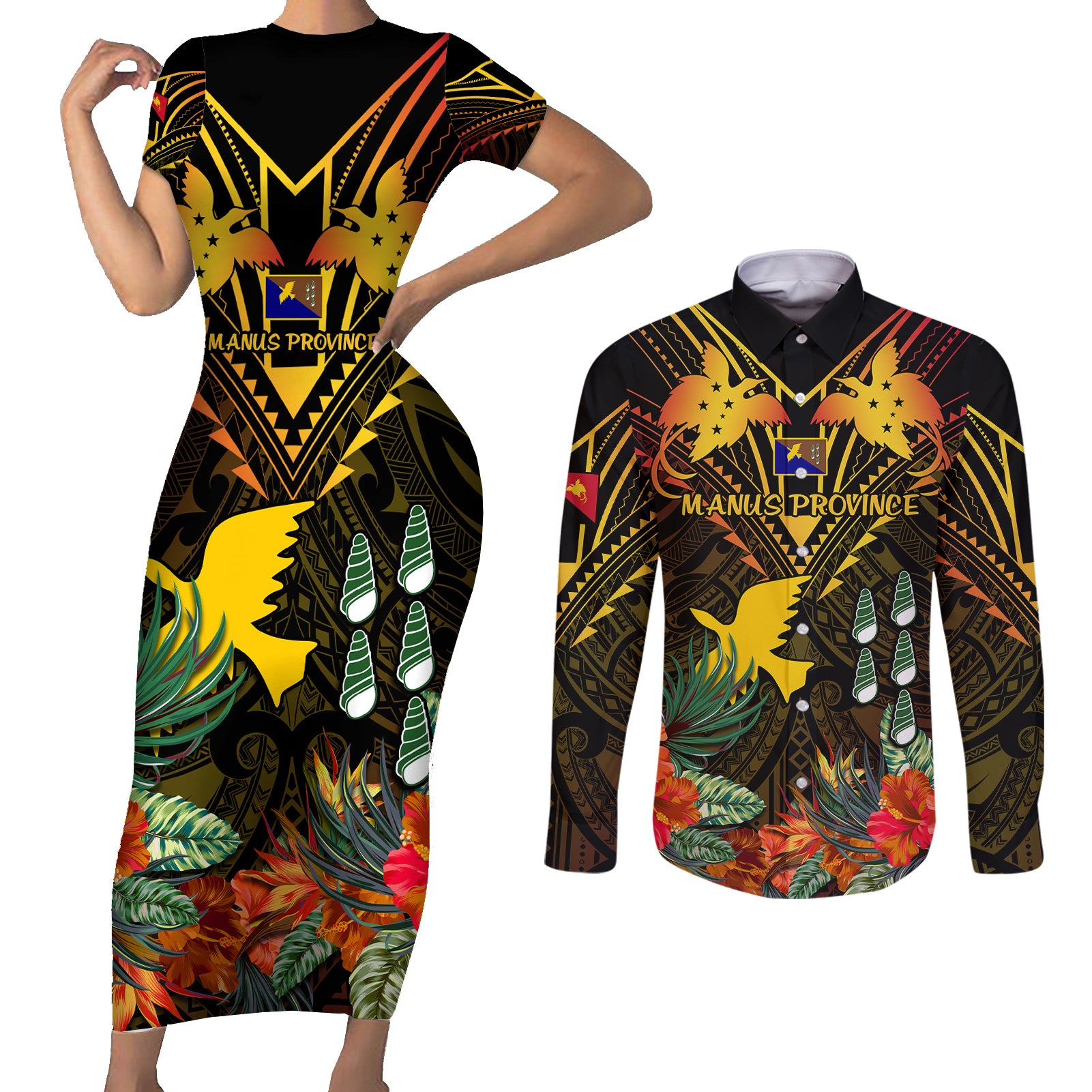 papua-new-guinea-manus-province-couples-matching-short-sleeve-bodycon-dress-and-long-sleeve-button-shirts-papua-niugini-coat-of-arms-with-flag-style