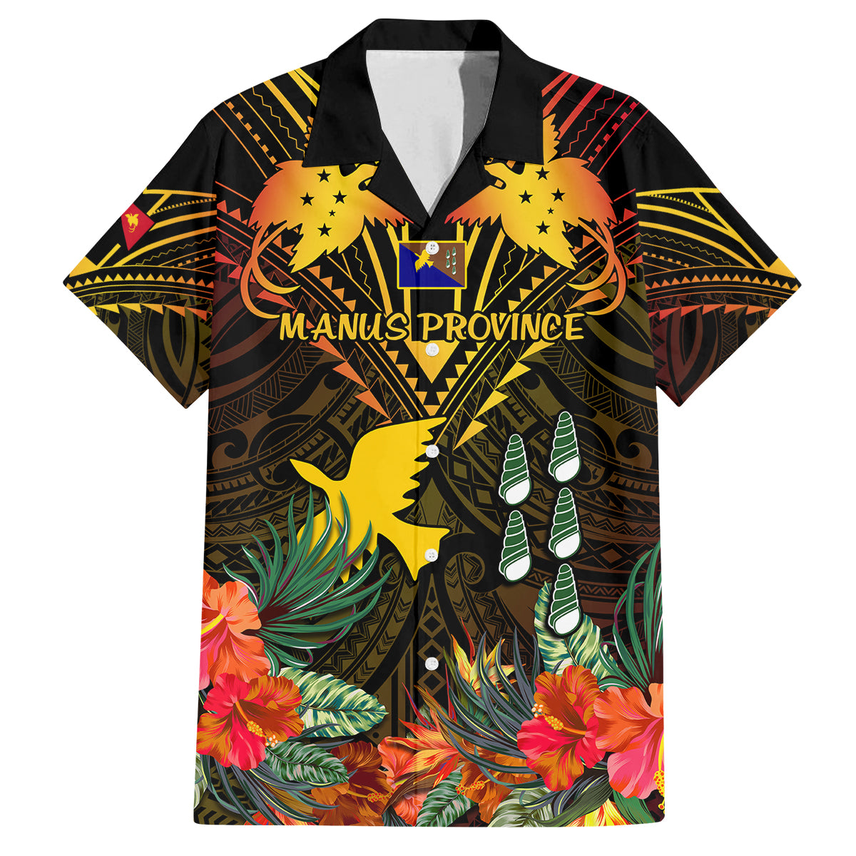 papua-new-guinea-manus-province-family-matching-off-shoulder-long-sleeve-dress-and-hawaiian-shirt-papua-niugini-coat-of-arms-with-flag-style