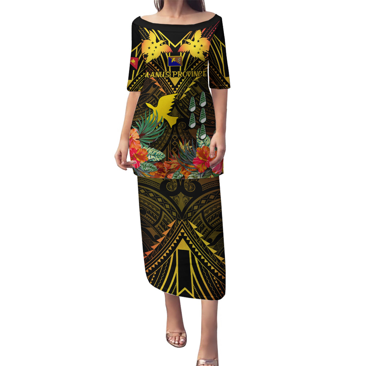 Papua New Guinea Manus Province Family Matching Puletasi Dress and Hawaiian Shirt Papua Niugini Coat Of Arms With Flag Style LT14 Mom's Dress Black - Polynesian Pride