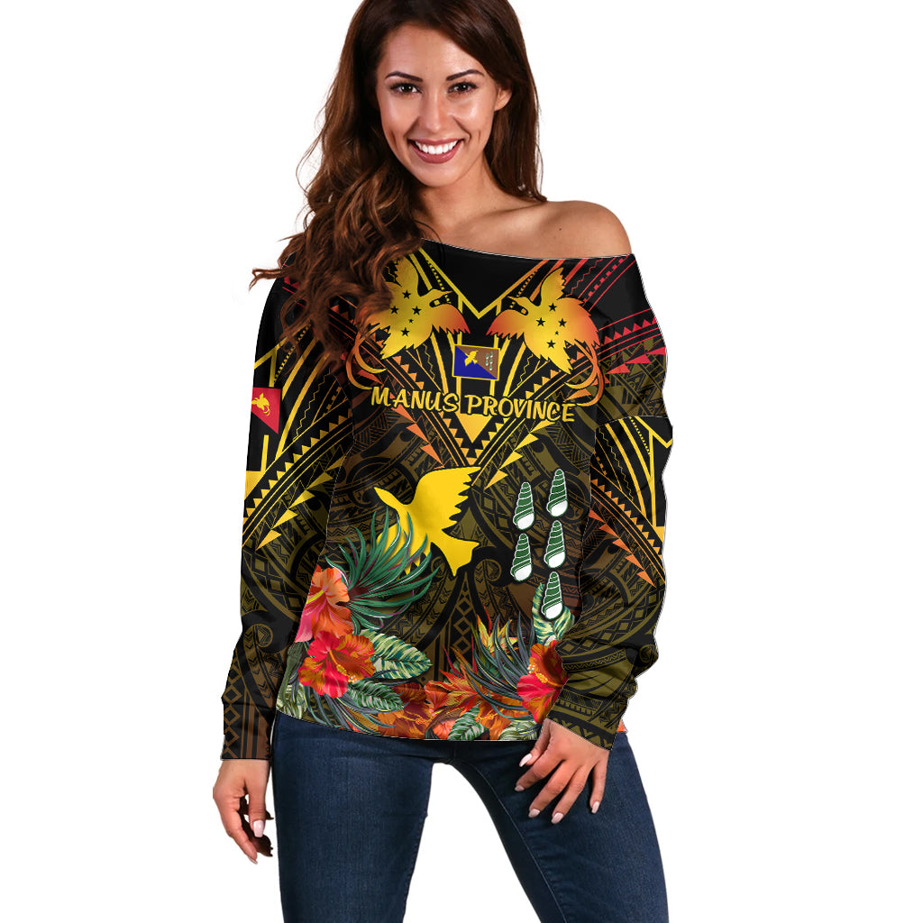 Papua New Guinea Manus Province Off Shoulder Sweater Papua Niugini Coat Of Arms With Flag Style LT14 Women Black - Polynesian Pride