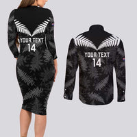 Custom New Zealand Silver Fern Football Couples Matching Long Sleeve Bodycon Dress and Long Sleeve Button Shirt Go Aotearoa Grunge Black - Polynesian Pride