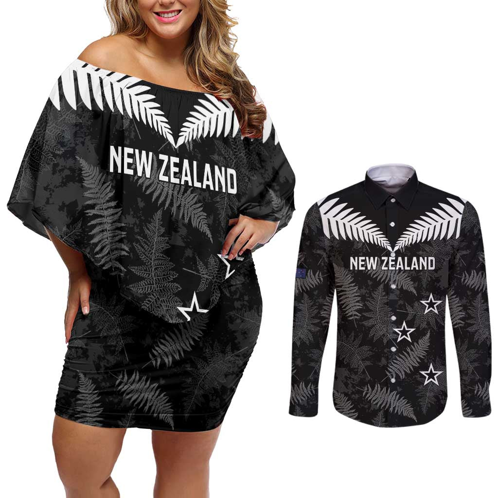 Custom New Zealand Silver Fern Football Couples Matching Off Shoulder Short Dress and Long Sleeve Button Shirt Go Aotearoa Grunge Black - Polynesian Pride
