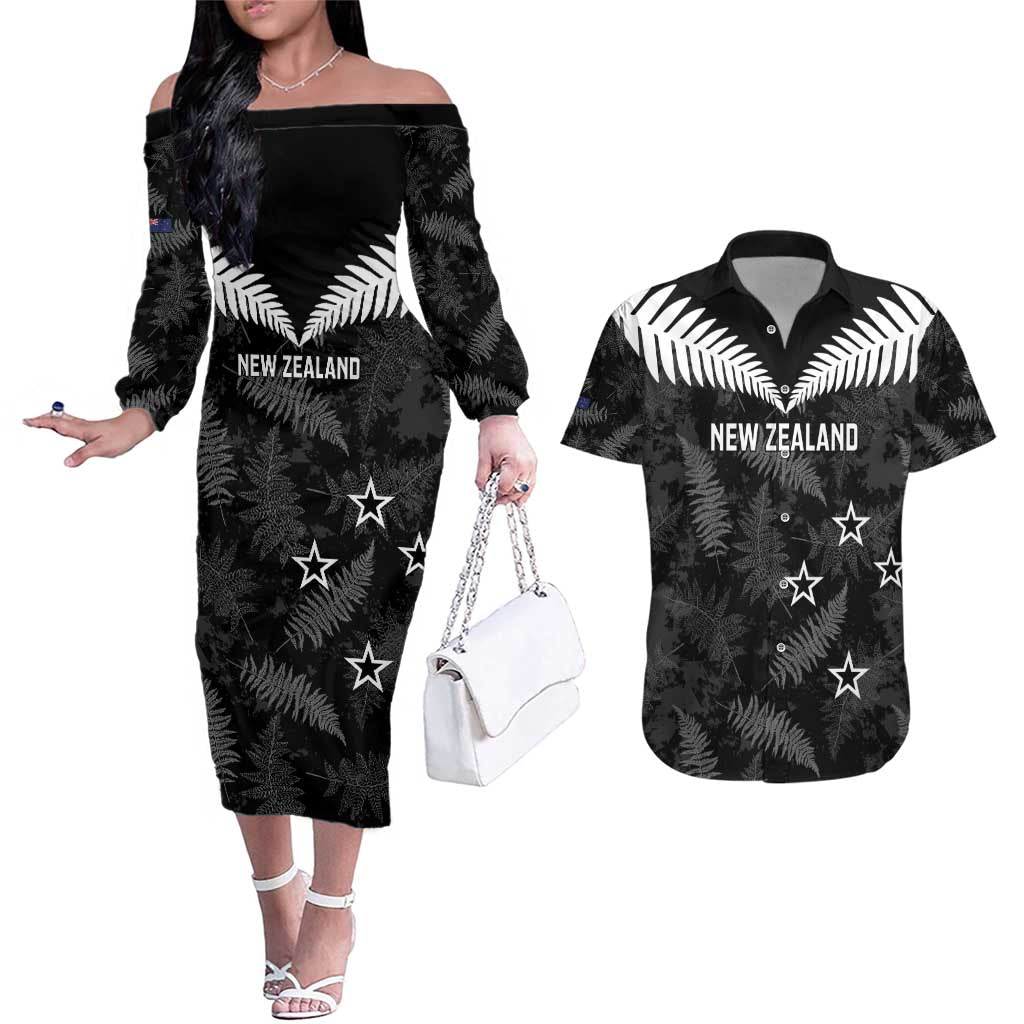 Custom New Zealand Silver Fern Football Couples Matching Off The Shoulder Long Sleeve Dress and Hawaiian Shirt Go Aotearoa Grunge Black - Polynesian Pride